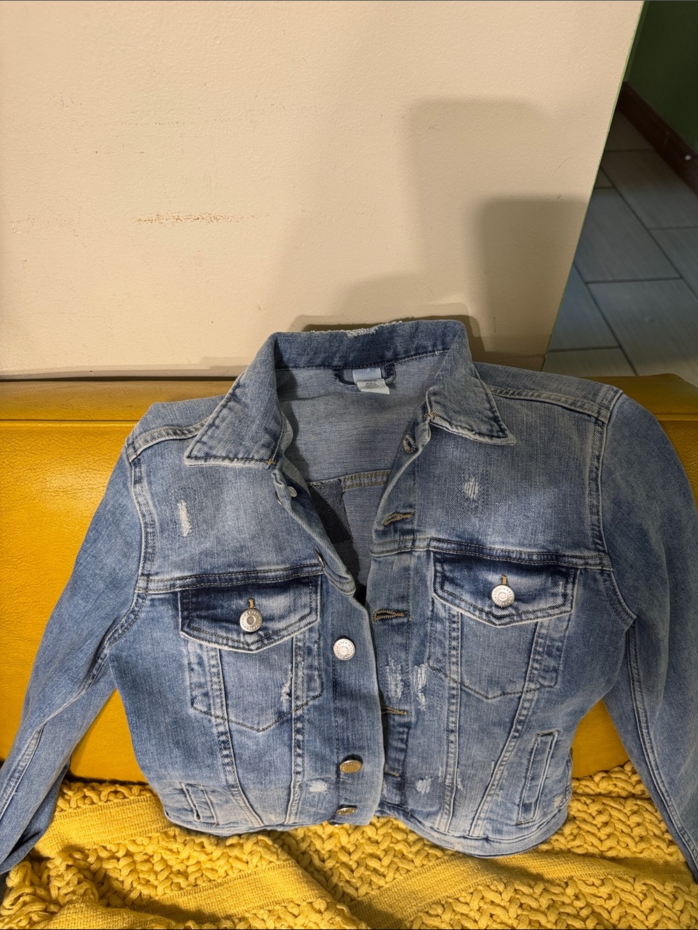 H&M Blue Cropped Distressed Denim Jacket